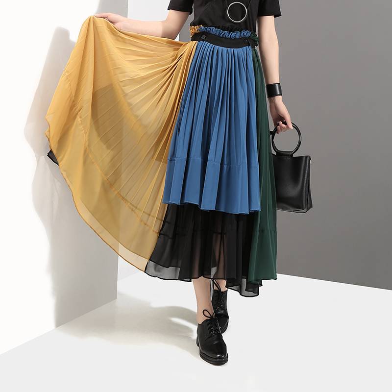レディース ボトムス スカート カラフル ミモレ丈 プリーツ 個性的 アシメ シフォン ハイ ウエスト きれいめ ゴム Aライン シースルー 透け感 フレア 大人 上品 主役級 存在感 通勤 通学