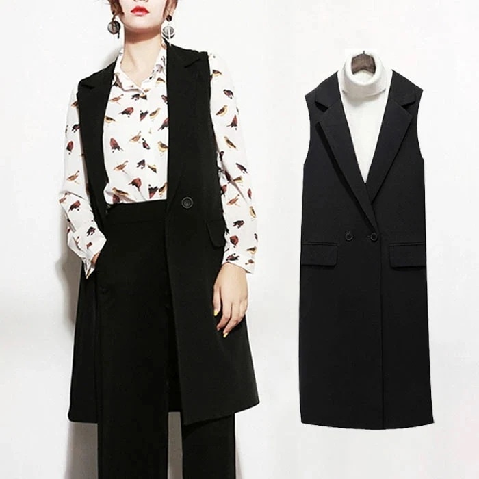 【急速出荷!】人気新作！ジレ カジュアルコート ロング ジレ ベスト レディース ロング丈 スーツ ベスト 襟付き アウター XS S M L 2XL 大きいサイズ ブラック ロング丈 春 夏 秋 入