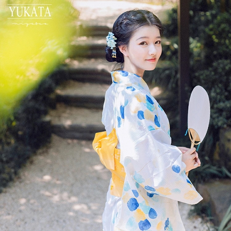 大ヒット 綿で水玉 浴衣 レディース 3点セット 浴衣 大人 セット 4点セット 大人 白 ホワイト 水色 青 黄色 イエロー 浴衣セット 150 160 170 人気 レトロ作り帯 浴衣 水玉 夏