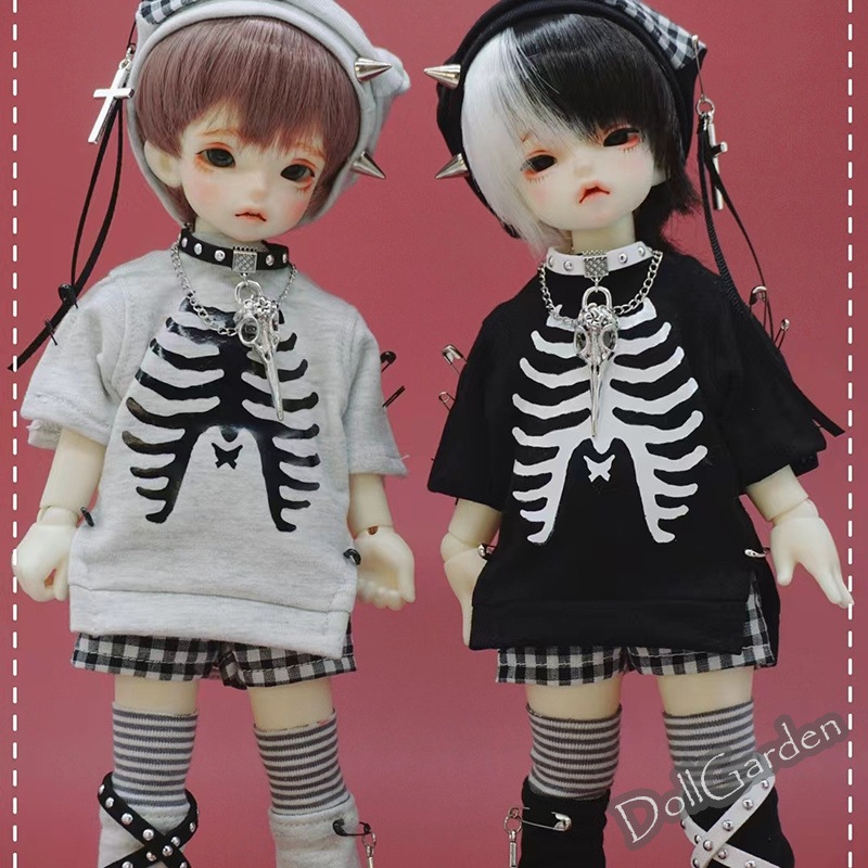 BJD 1/6ドール服 ドール用衣装セット 髑髏柄 6点セット グレー ブラック 幼SDサイズ球体関節人形用