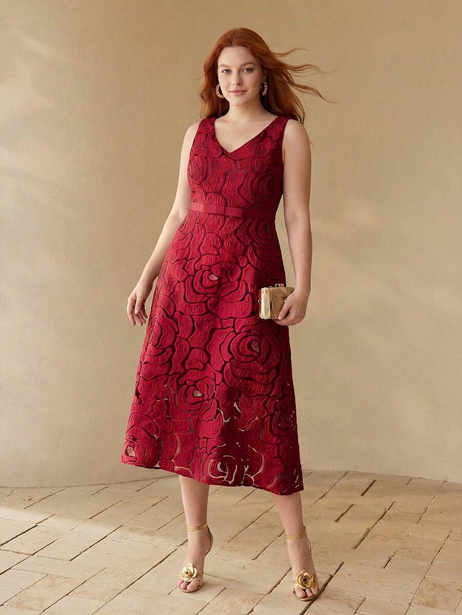 レディース プラスサイズ 刺繍入りVネック ウエストフレアワンピース春夏