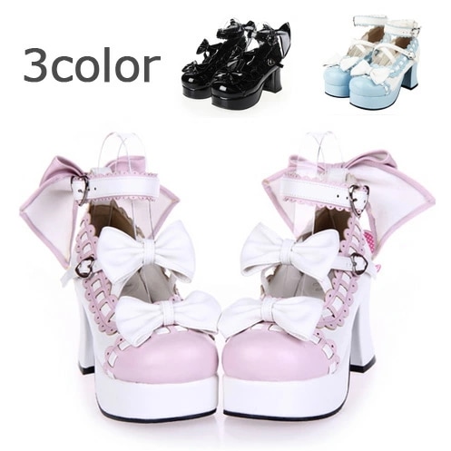 【受注生産】 ロリータ靴 メイド靴 女の子 リボン付き パンプス ロリータ シューズ お嬢様 大きいサイズ かわいい【22.0/22.5～25.0/25.5/26.0/26.5/27.0】 水色 ピン