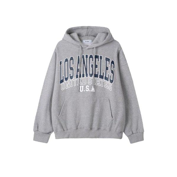 メンズ LA プリント オーバーサイズ 裏起毛 フード付きスウェットシャツ RM-TSK-Q059-グレー