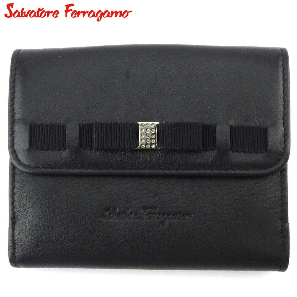 Wホック 財布 二つ折り ミニ財布 ヴァラリボン レディース ラインストーン付き ブラック シルバー 中古