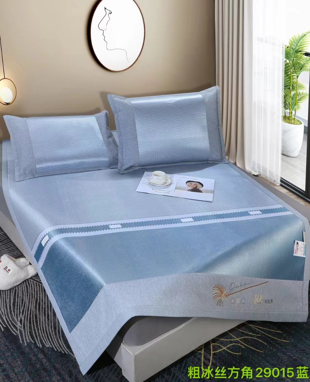 ハイエンドジャクアードアイスシルクマット3ピースセットブルーストライプ1.8メートル 5,461円