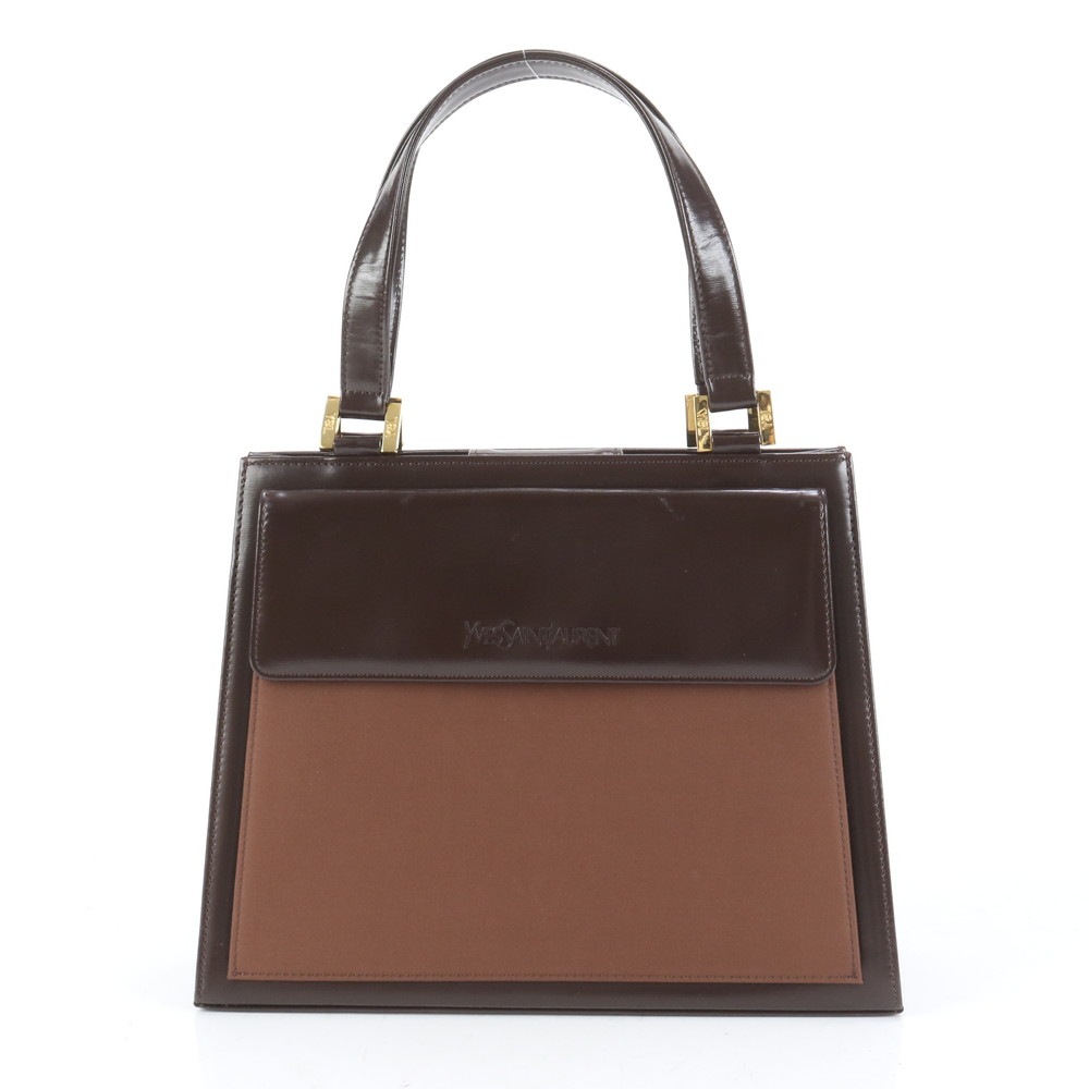 極美品 ヴィンテージ YSL トップハンドル ゴールド 金具 レザー×ナイロン トート バッグ 肩掛け ショルダー ハンド レディース RUE CQ14-5 中古