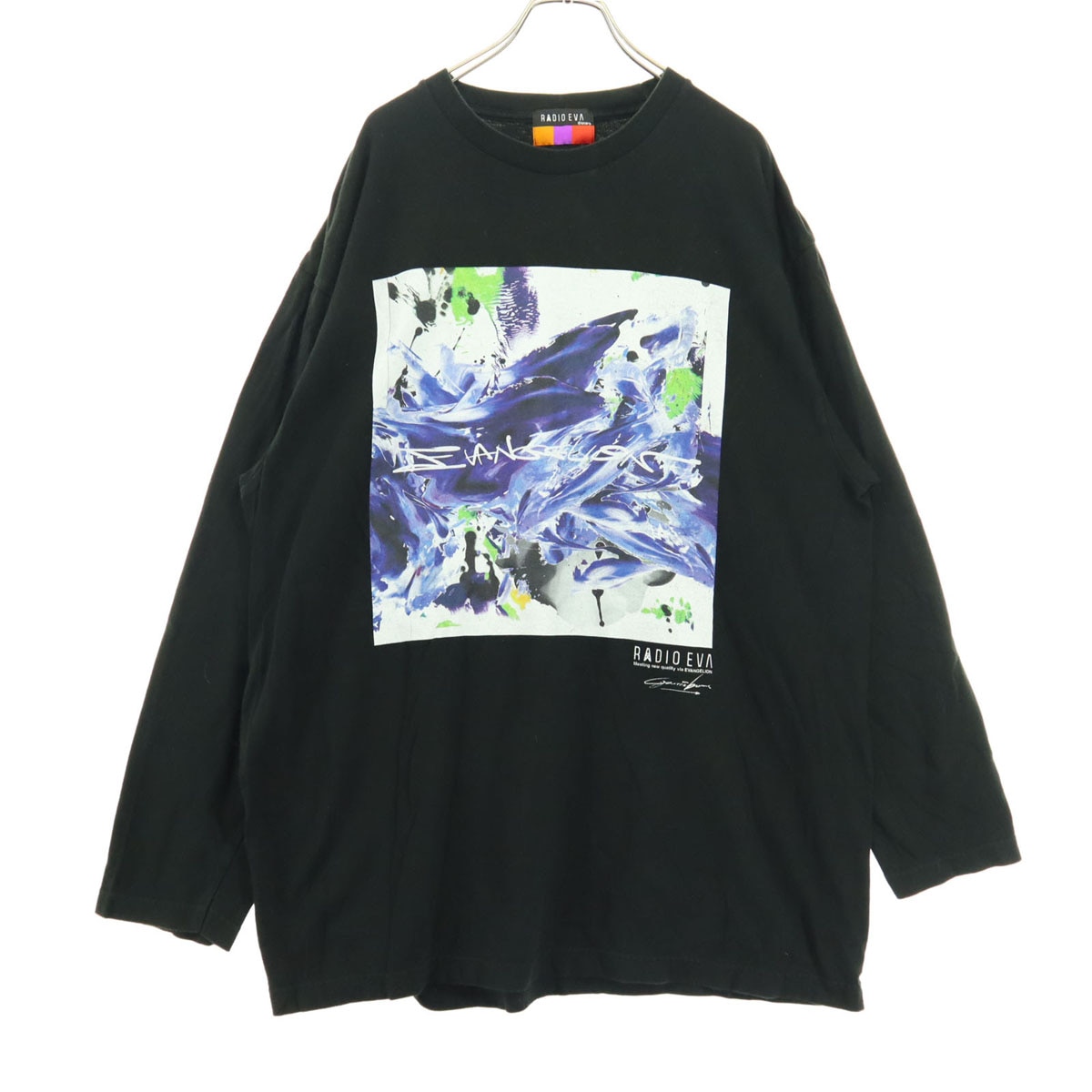 RADIO EVA ラヂオエヴァ プリント 長袖 ラウンドネック Tシャツ ブラック系 メンズ 古着