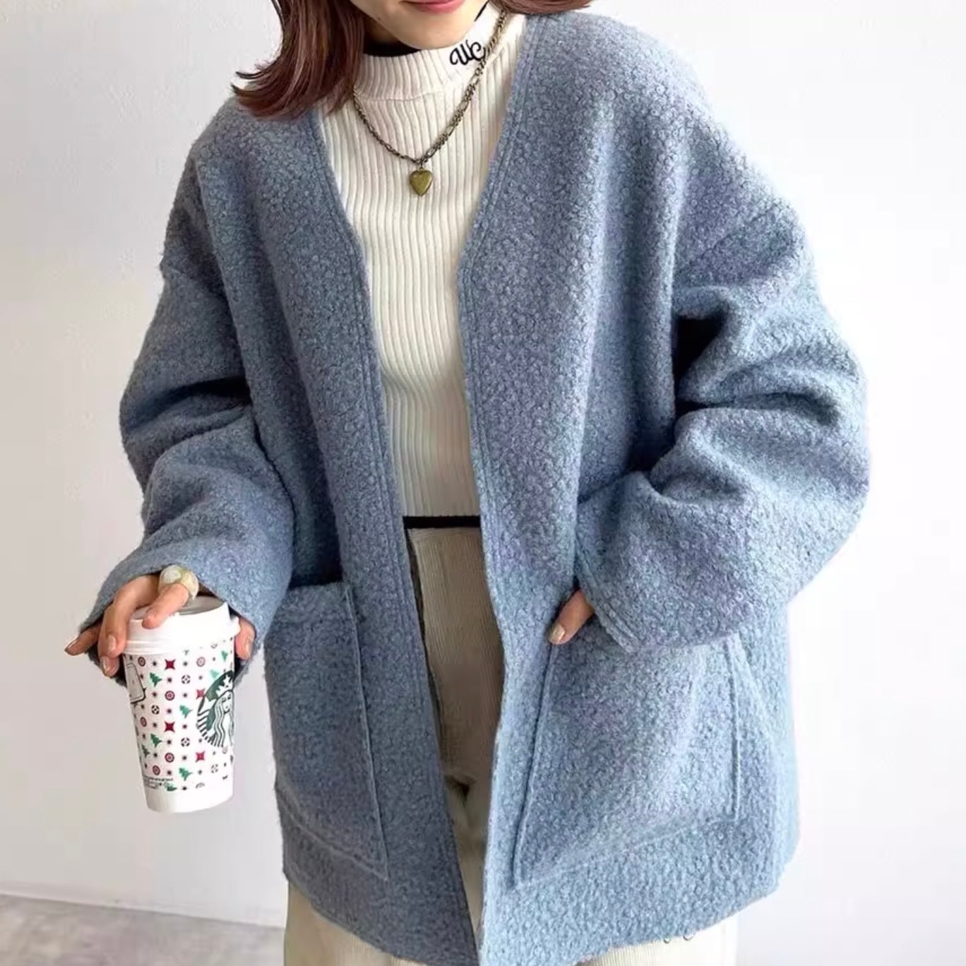 レディース トップス ブルゾン 上着 デート ジャケット シャンパー ミディアム丈 襟なし ワイド 切り替えデザイン スマート モコモコ ポケット 前開き 伸縮性 かわいい 大人可愛い きれいめ