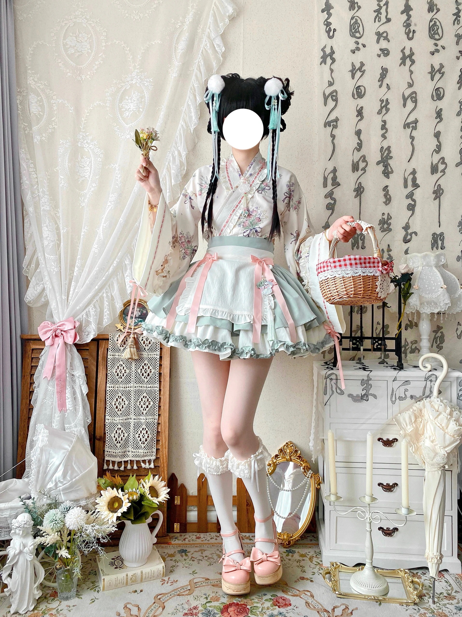 ロリータ コスプレ 中華風ロリーッグスリーブクロスネックビッグスイングドレス3点セット