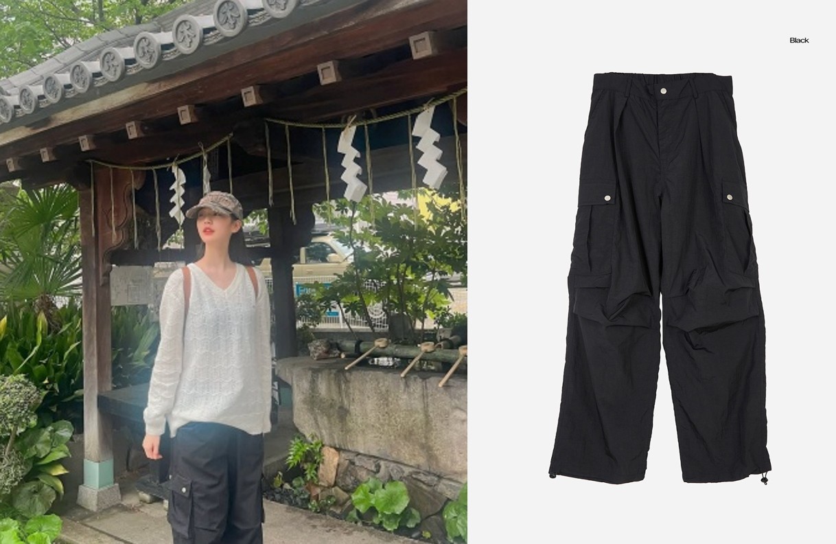 [IVE WONYOUNG] タック入りナイロンスナップオーバー カーゴパンツ_2COLOR