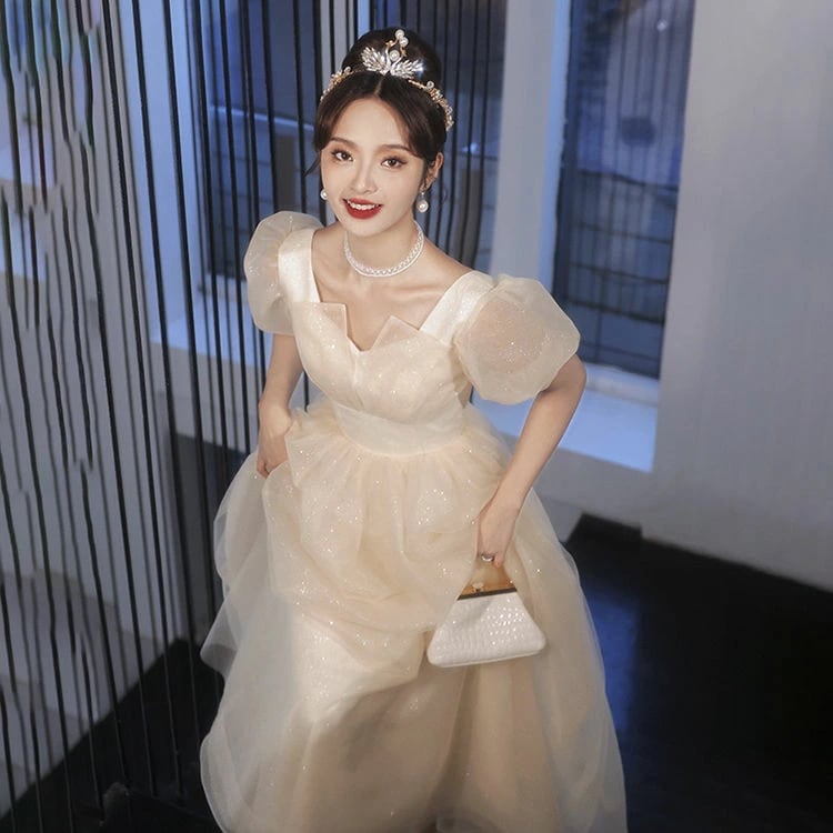 マーメイド ウェディングドレス パーティードレス 花嫁ドレス オーガンジー シフォン オフショルダー ロングドレス 司会 発表会 二次会ドレス 白ドレス ホワイト 韓国 レディースドレス 二次会 パフ