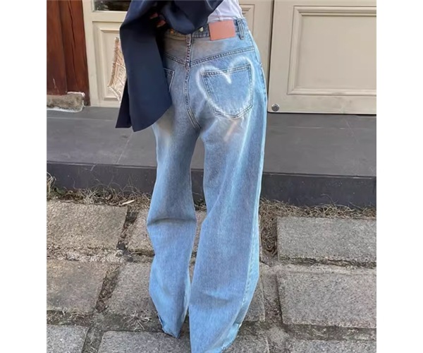 レディース パンツ ボトムス ジーンズ Gパン 丈長 フルレングス ワイド ストレート ポケット ハイウエスト ウォッシュ デニム ブルーデニム かわいい 大人可愛い シンプル カジュアル おしゃれ