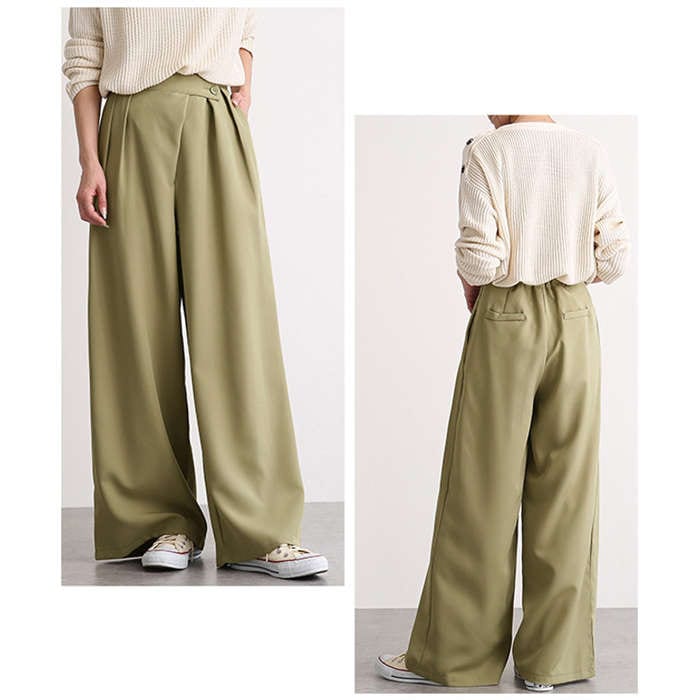 ワイドパンツ レディース 春 夏 きれいめ ボトムス ロング丈 タックパンツ アシンメトリー 大きいサイズ 柔らか ウエストゴム ゆったり ボトムス リラックス イージー 美脚 体型カバー 大人 カジ