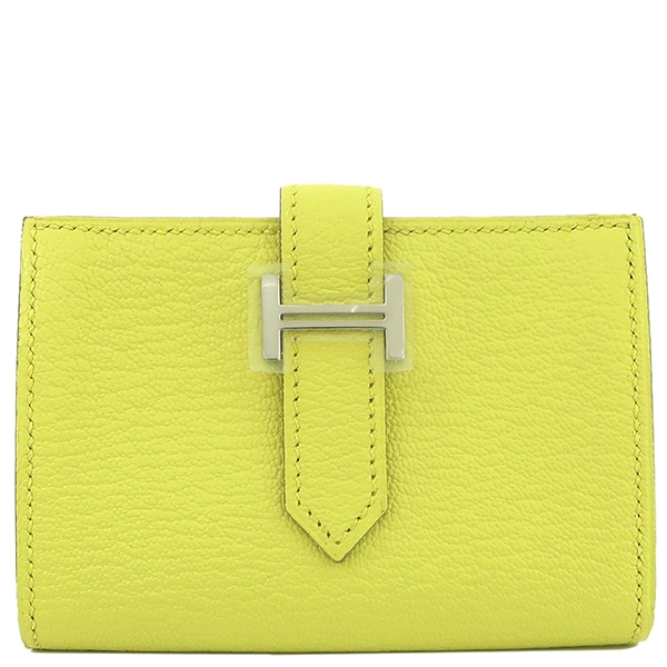 エルメス HERMES 二つ折り財布 ベアンミニ コンパクト財布 コインケース シェーブル ライム シルバー金具 黄色 T刻印 【箱】【中古】