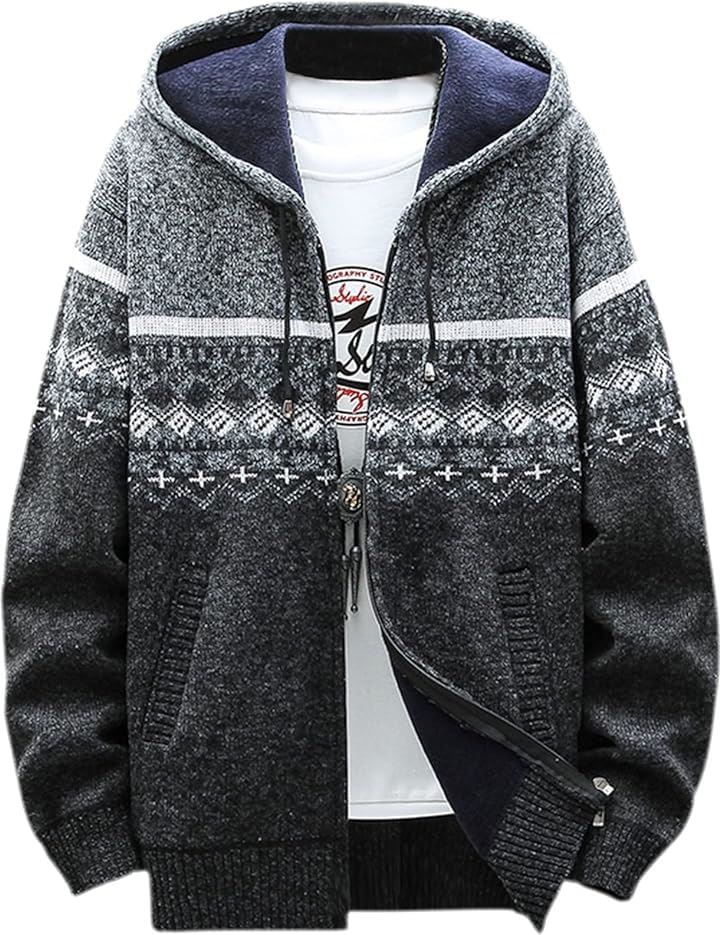 オルテガ柄 メンズ ニット パーカー あったか ジップアップ カーディガン 前開き アウター( ダークグレー, L)