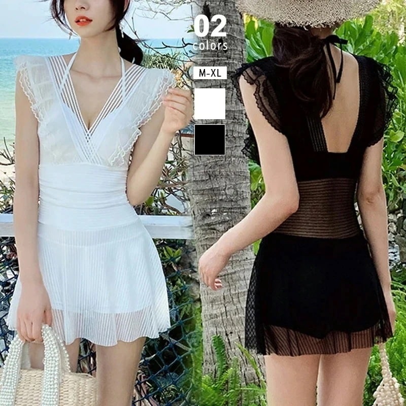 水着レディーオールインフレースシアーフレア水着大きい体型カバーホルターネックセクショートパンツスカートリゾート上品可愛い韓国風韓国ファッション6