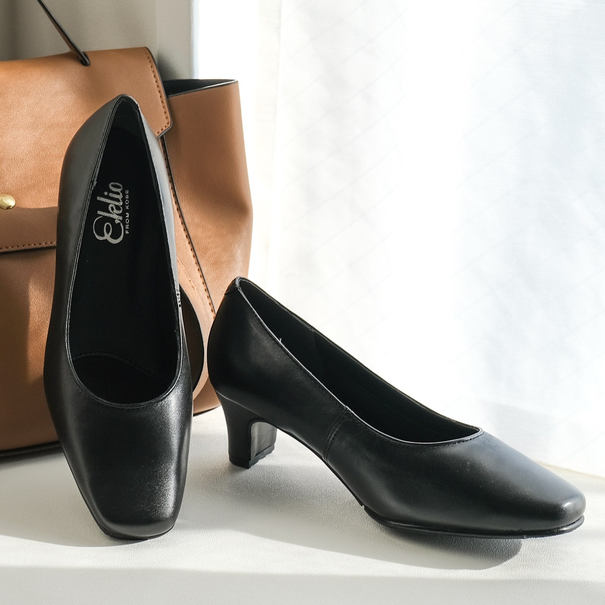 【最終売り尽くし！】スクエアトゥ5センチヒールパンプス本革 レディース