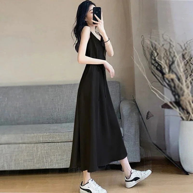 限定数量ドレスキャミワンピース便利2wayワンピース キャミワンピースシフォンホルター女性サマーふつしきアウターウェアウエストスリムスカート気質化粧ポーチ-大容量