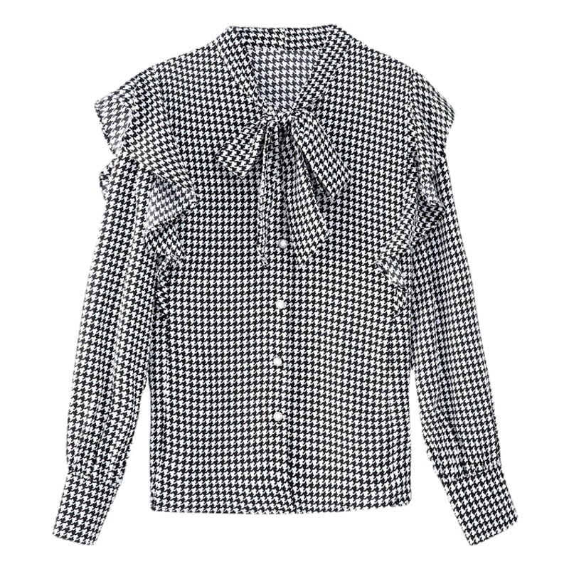 Houndstooth Shirt Women s Design Niche Spring Clothing 2023 New Bow Shirt Women s Fashion Versatile