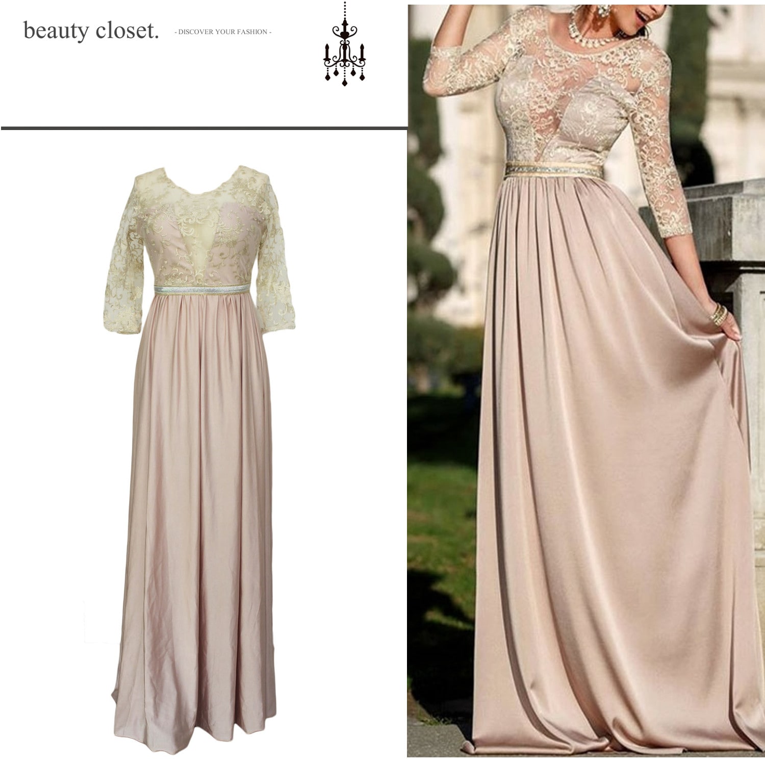 送料無料/国内発送　パーティードレス　結婚式披露宴２次会演奏会/送料無料　レーススリーブ　シルキーロングドレス　ピンク