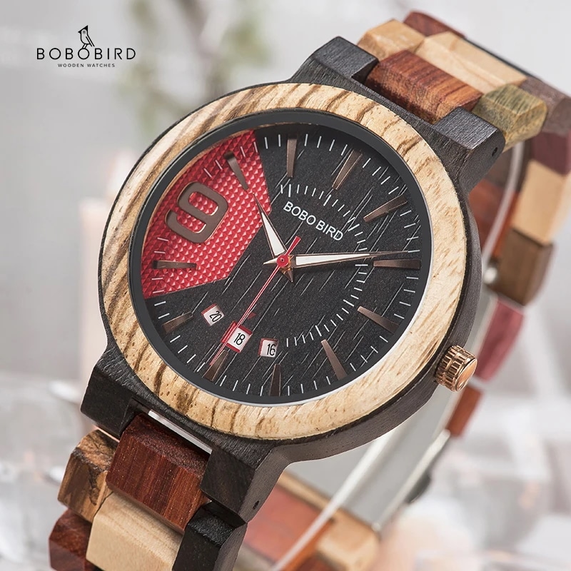 ボボバードBobo bird-男性用木製時計,自動日付,ミリタリーブレスレット,ギフト,木製ボックス,父親へのギフト