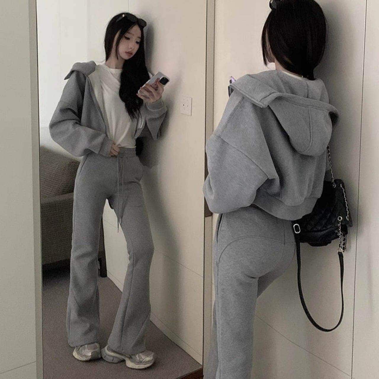 スウェット セットアップ レディース パーカー フレアパンツ 韓国 ファッション ショート丈 ック パーカー モックネック ック フード 上下セット 7,139円