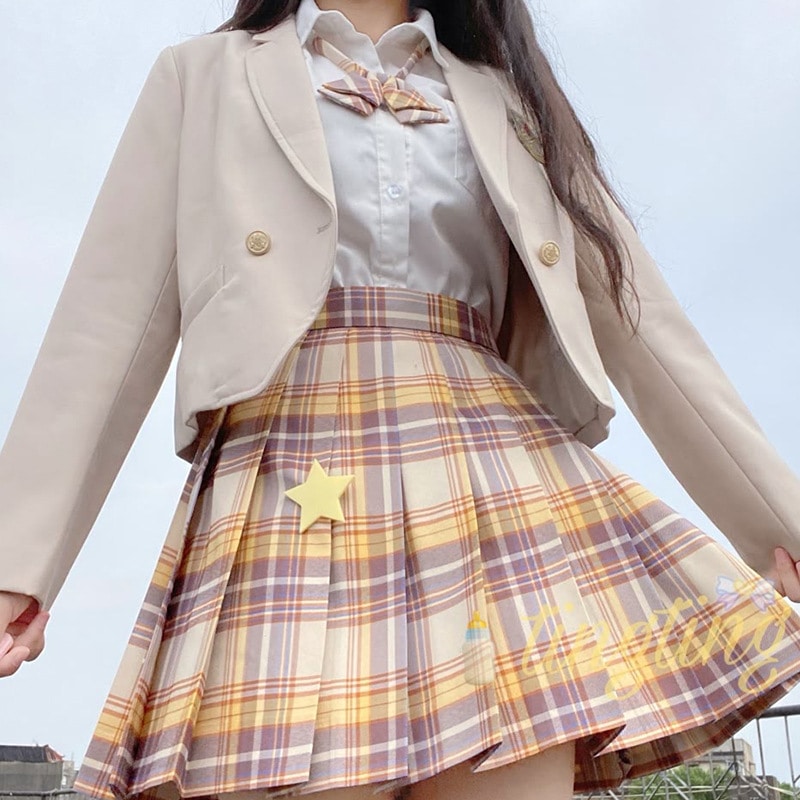 4点セット(ベージュブレザー+スカート+リボン+ブラウス) 制服スクールスウィートティーン ジャケットJKイベントブラックアウターコート高校生中学生学生制服 卒業式入学式冬秋春夏