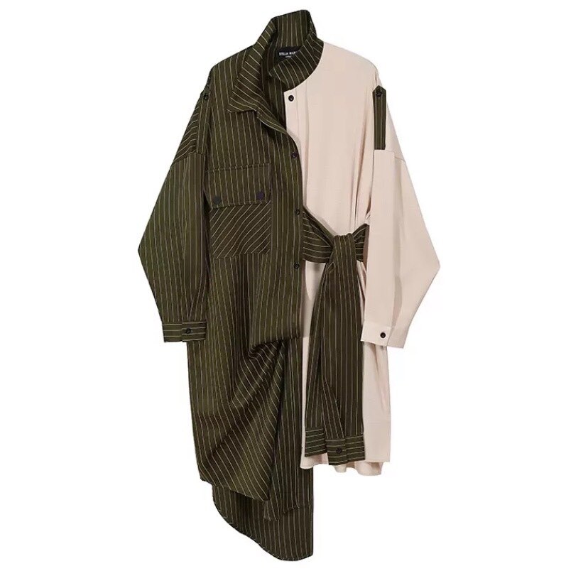 トップス シャツ ブラウス レディース 秋冬 春 秋 きれいめ ゆったり 長袖 ロング丈 長袖 フリル袖 襟付き ストレート アシンメトリー ドッキング カーキ ワンサイズ ゆったり 大人可愛い きれ