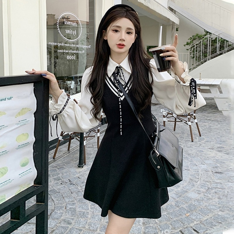 フェイクツーピースドレスレディース2025秋新作気質ウエスト痩身フレンチデザインニッチスカート