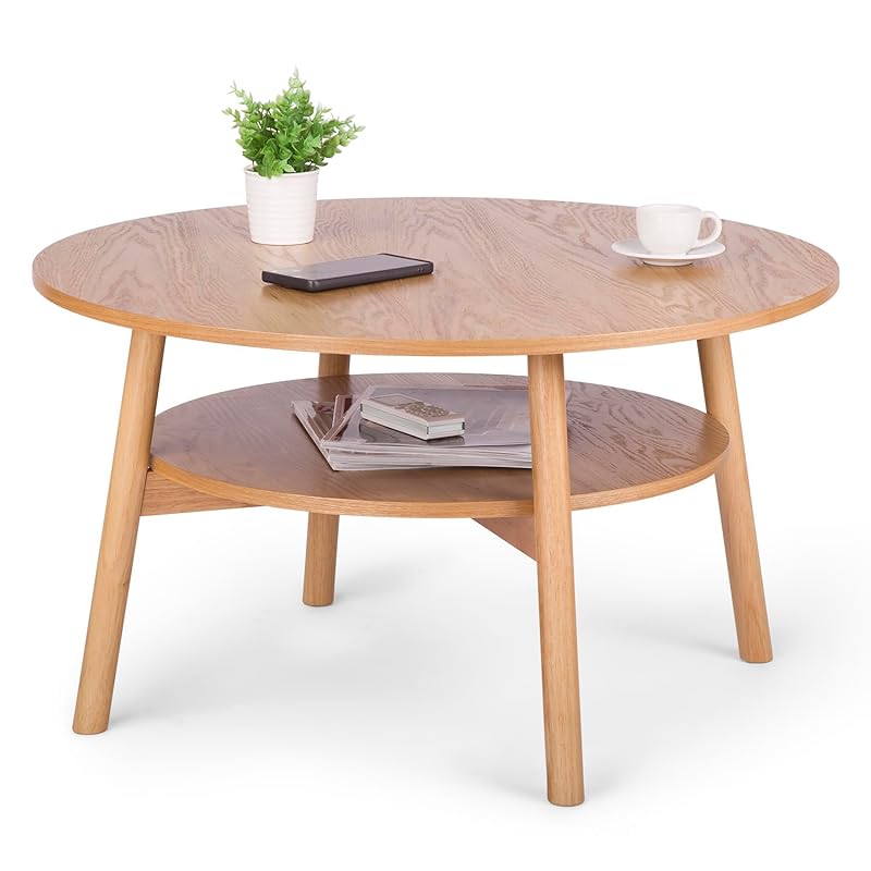 VaLaVie 丸型コーヒーテーブル サイドテーブル ダイニングテーブル 多機能 棚付 リビングルーム センター テーブル 木製 低いテーブル 座卓 幅80奥行80高さ45cm 木色