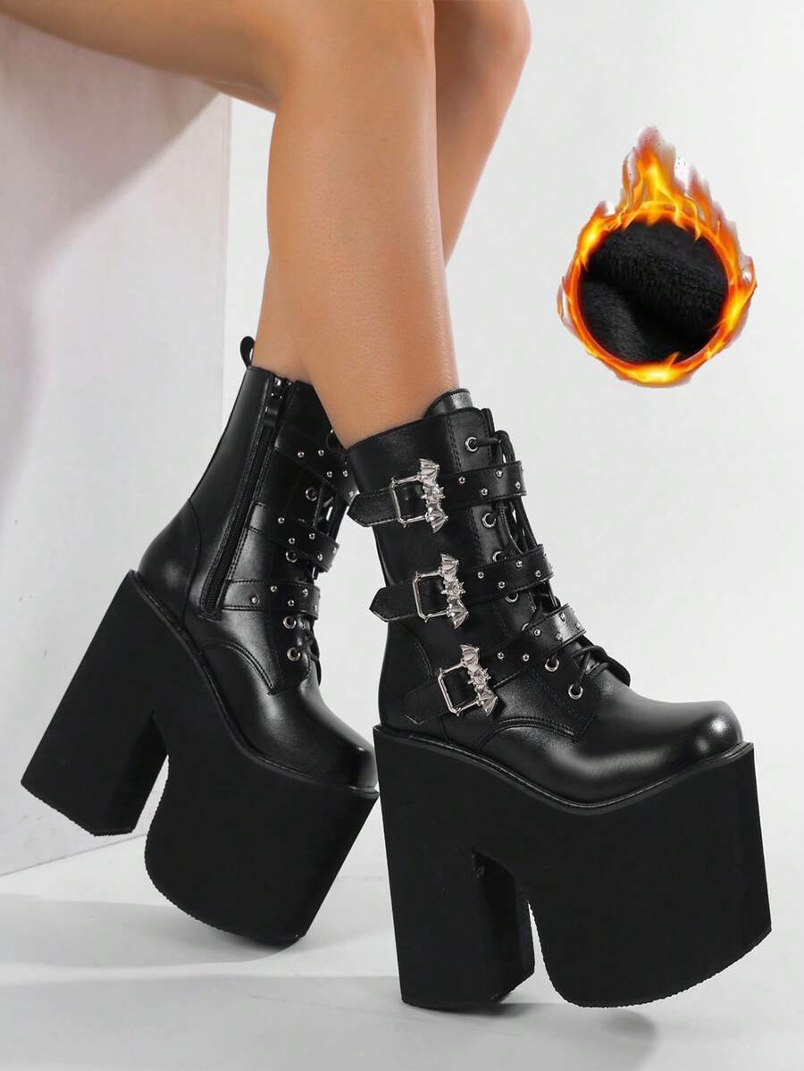 ウィメンズ ミッドカーフブーツ ゴシック パンク バックル 超ハイヒール プラットフォーム ウィンターシューズ パーティー用 サイドジッパー 厚底 ナイトブーツ ファー付き