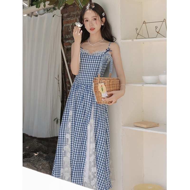 【急速出荷】送.料.無.料.1字ネックの油絵格子をつなぎ合わせてウエストを収めるキャミソールワンピース