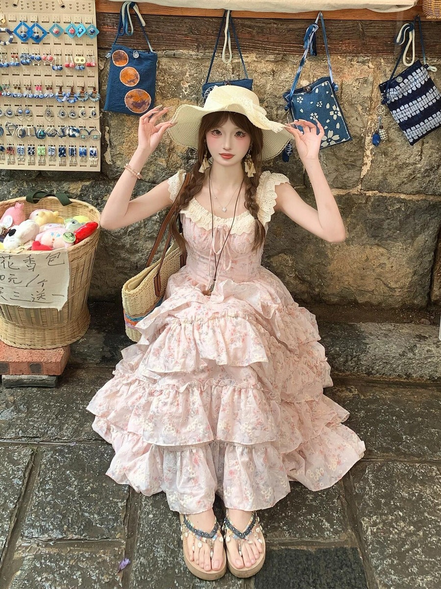 甘いピンクの花柄女性用夏物美しい優しい雰囲気のプリンセスケーキスカート妖精のようなとしたロングスカート