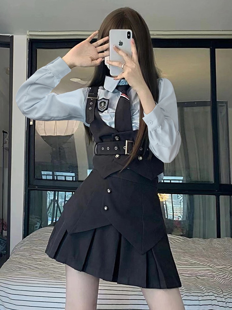 アメリカンレトロjk制服スーツ カレッジ風甘辛ワンピース プリーツスカート3点セット 女性 夏用 8,375円