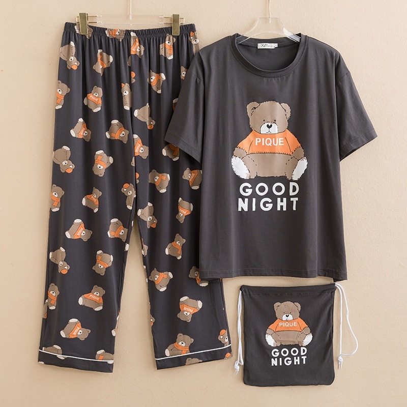 プラスサイズの漫画クマのカップルのパジャマレディースプラスサイズ（最大 200 ポンド）春/夏半袖ロングパンツニットコットンメンズラウンジウェア