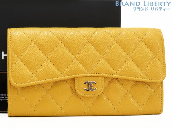 激レア新品同様シャネルマトラッセココマーククラシックロングフラップウォレットキャビアスキン二つ折り長財布イエロー