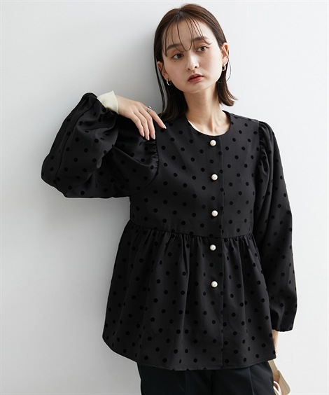 ジャンパー・ブルゾン ドットフロッキー７分袖ペプラムブルゾン