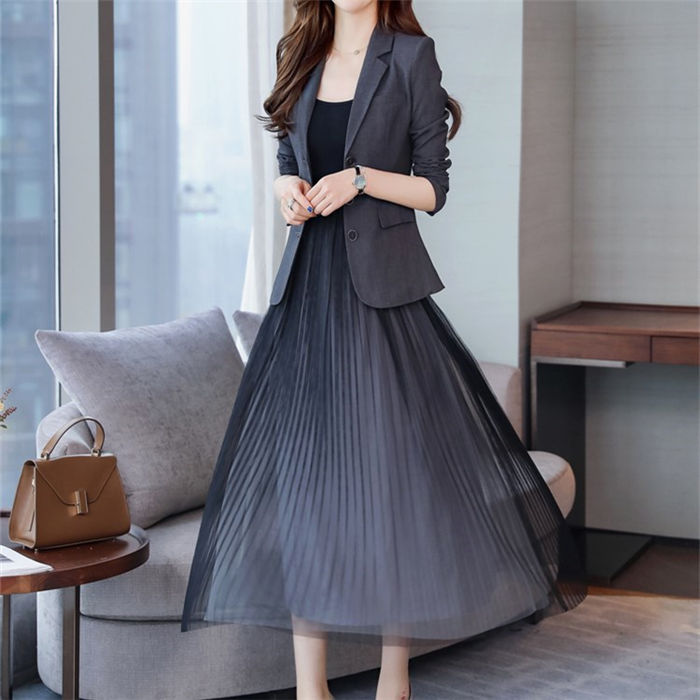 2点セット 洋服 ワンピーススーツ レディース 20代 チュール プリーツ ut 灰色 通勤 結婚式 グレー 30代 ロング丈 テーラード 40代 春秋 入学式 セットアップ 洗える 無地 ジャケッ