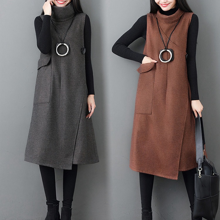 マキシ丈 袖なし 大きいサイズ バイカラー 体型カバー レディース 冬物 30代40代50代60代 トップス ロング丈 同窓会 厚手 発表会 膝下丈 通勤 きれいめ ゆったり ジャンパースカートワンピ