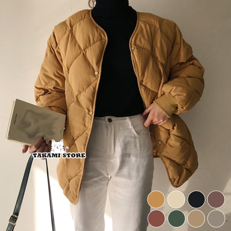 キルティングジャケット レディース 秋 冬 アウター 長袖 オーバーサイズ ノーカラー ミディアム丈 お洒落