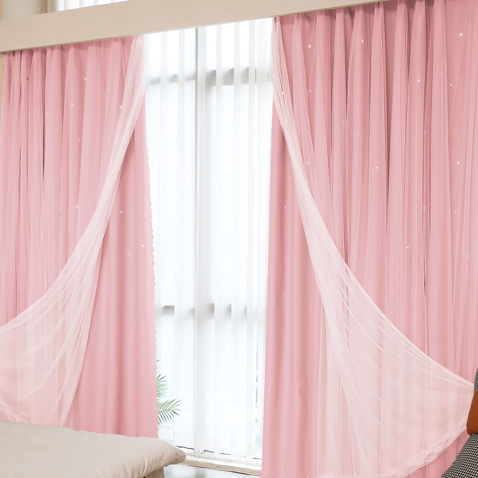 カーテン 姫系 遮光 レースカーテン付き 2枚組 丈180cm×幅100cm 一体型カーテン 二重 星柄 おしゃれ 厚手 フック付き タッセル付き 取付簡単 すぐ使える アジャスター付き 遮熱 保温 6,594円