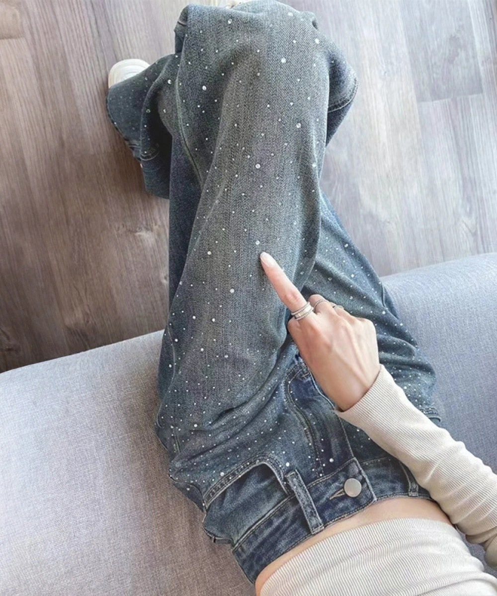 キラキラデニムパンツラインストーンデニムストリート 着やせ カジュアルきれいめ ビジューデニム新作