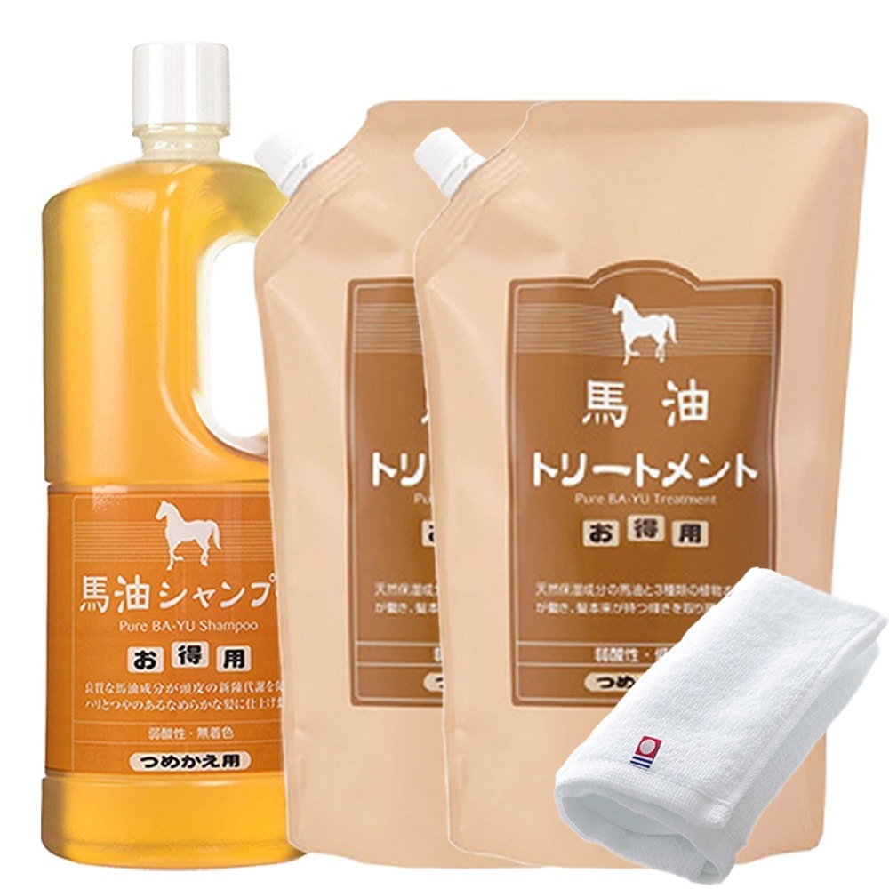 正規販売代理店 定価より10%OFF 馬油セット 馬油シャンプー 1本 馬油トリートメント 2個 各1000ml 詰め替え用 今治タオル付き 馬油 シャンプー トリートメント 大容量 旅美人