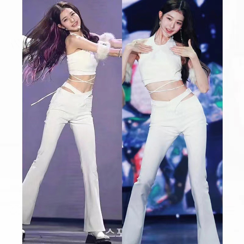 Ive Zhang Yuanying ホワイト ホルターネック サスペンダー ベル パンツ ダンス パフォーマンス スーツ