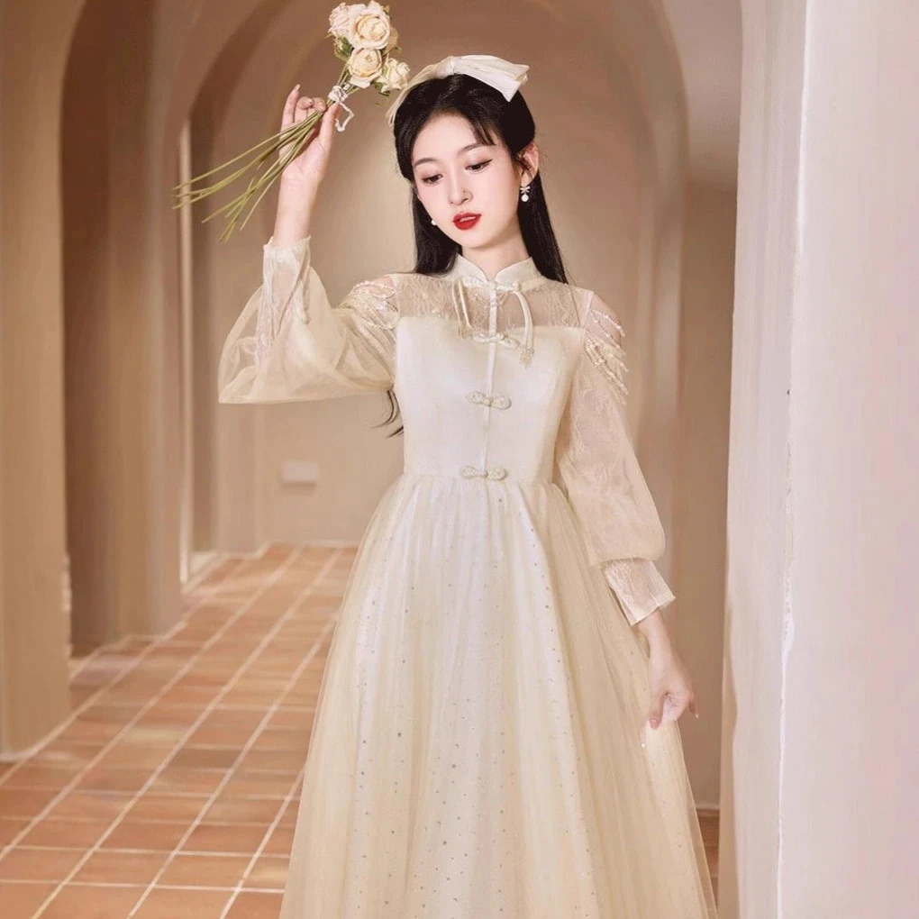 成人式スタンドグラスチャイナンドレスイブニードラス学生演奏会卒式ロンドスクラブドレスエレガント上品大人可いロマポーチ