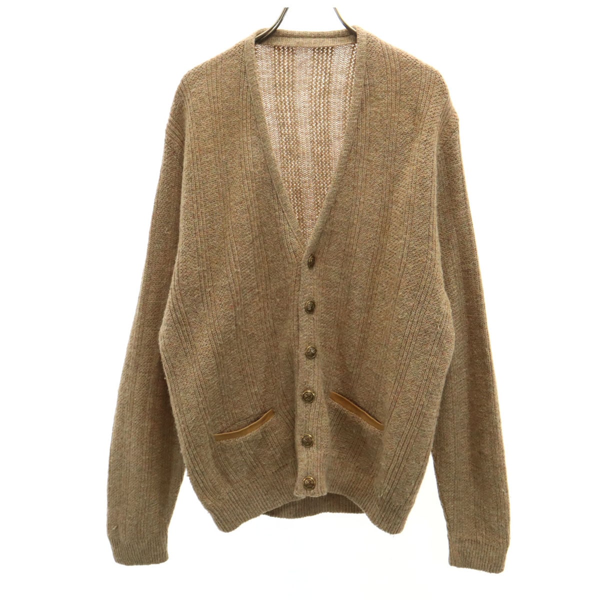 80s USA製 ヴィンテージ 長袖 Vネック ニットカーディガン L ベージュ系 メンズ 古着