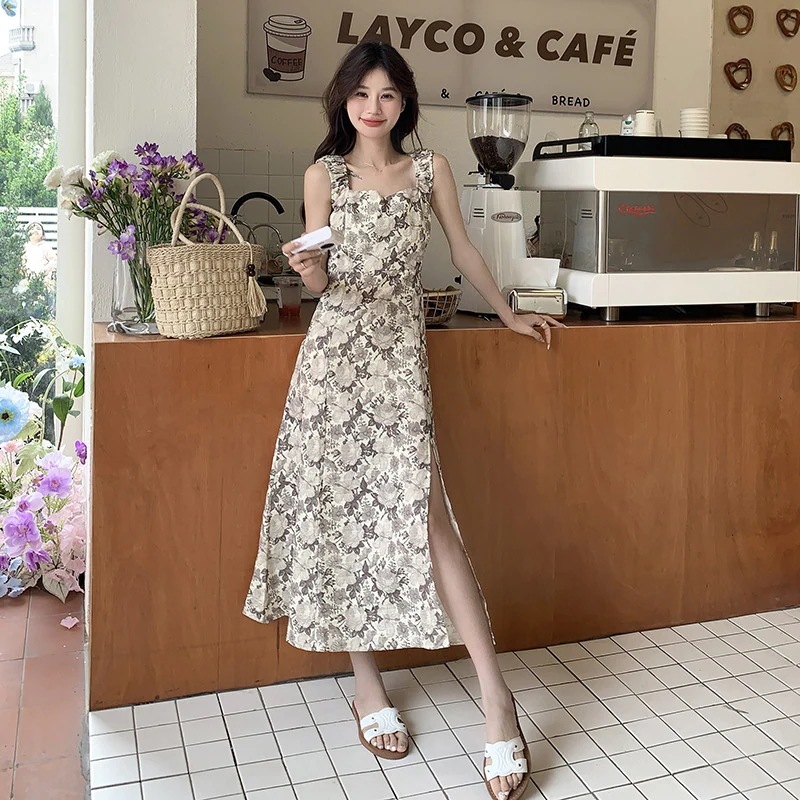 実際のフランスの花柄ホルタースリットドレス2024新しい気質休日老化バックレースアップロングスカート