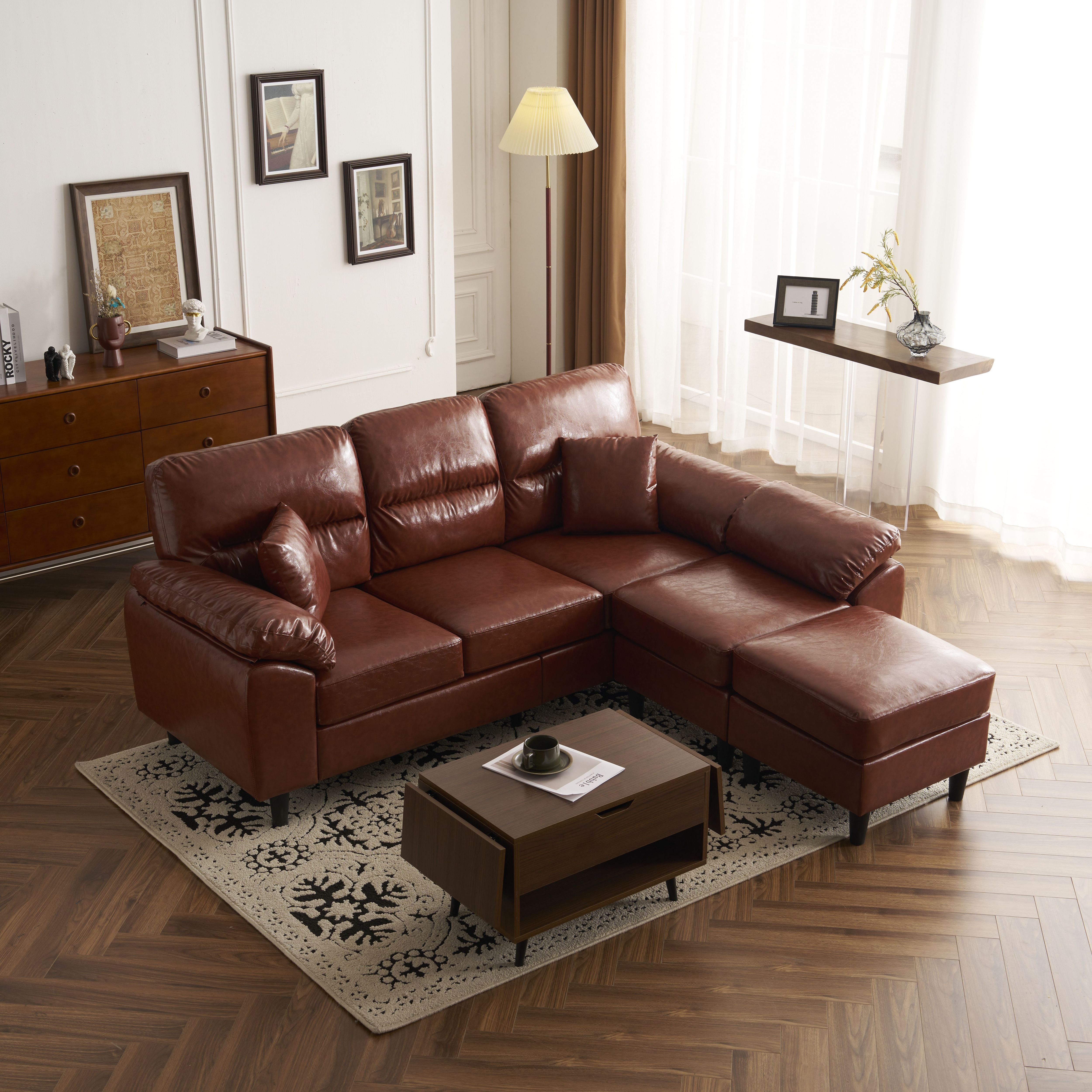 【大好評！最安値挑戦!】ソファ ソファーセット 5人掛け 2-5人掛け L字 クッション付き 肘付き コーナー ローソファー ローソファーセットGG6301 Brown PU PU LeatherG9