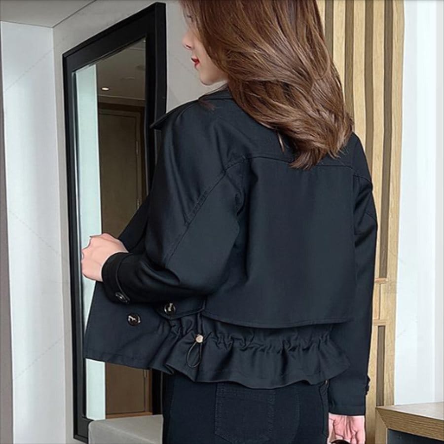 アウター コート 羽織り ジャケット トレンチコート ショート ショート丈 袖あり 長袖 Vネック フレア Aライン 無地 フリル ポリエステル かわいい 大人可愛い 綺麗 シンプル