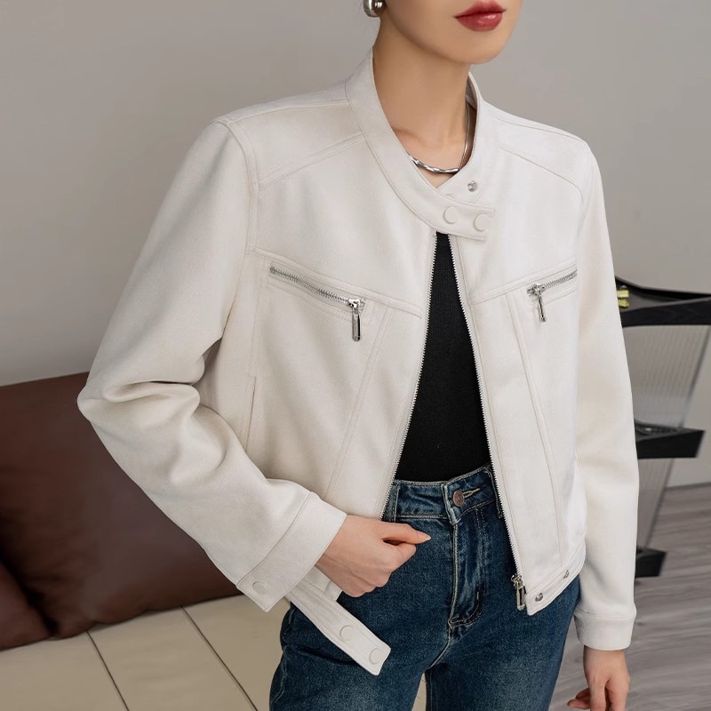 2025春秋 レトロ ライダースジャケット オーバーサイズ PUレザー ショート丈 立襟デザイン ブラック/オフホワイト 通勤カジュアル 4サイズ対応